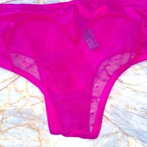New Satin Silky Soft Cheeky Bikini Panty Mesh Heart Lace Cut Out Panty XS Pink